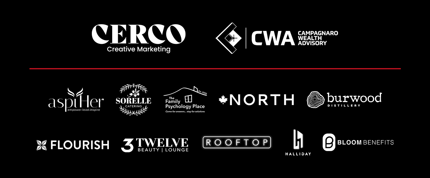Our sponsors: aspiHer Women's Business Club, Sorelle Catering, Family Psychology Magazine, North Water, Burwood, Flourish, 3Twelve, Rooftop Neon, Bloom Benefits Group and Cerco Creative Marketing